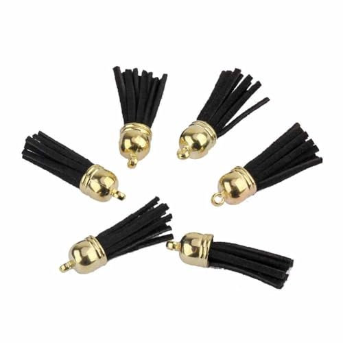 SHTGOI 20 Stück Leder Quaste 3CM Klein Wildleder Quaste mit mit Goldener Kappe Kunstleder Schlüsselanhänger Taschenanhänger Troddel Anhänger für DIY Tasche Schmuck Basteln Charm Zubehör Schwarz