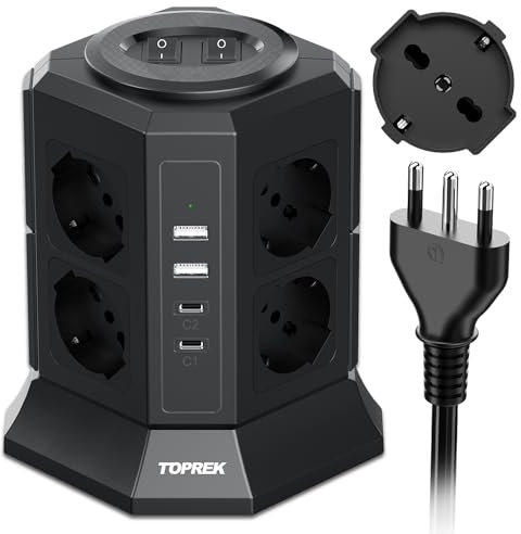 TOPREK Multipresa Verticale con 8 Prese Universali ITA 10/16A e Schuko e 2 USB C e 2 USB A (USB-C1 20W PD3.0 Ricarica Rapida), 4000W/16A, Ciabatta Multipresa con 2 Interruttore, 2M Cavo, Spina 16A