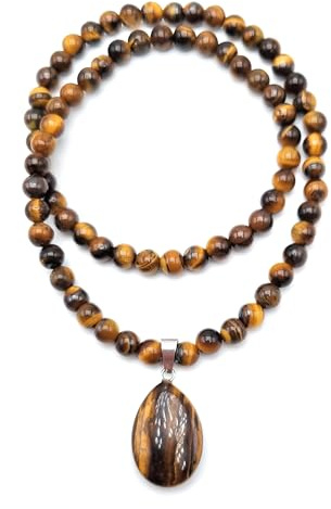 Collier de Protection (45cm) Oeil de tigre en Pierres Naturelles avec Pendentif assorti | Perles rondes 6 mm | Création Artisanale Française