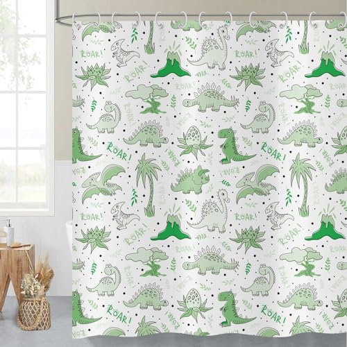 ASDCXZ Kinder Duschvorhang 180x200 cm, Niedlich Cartoon Grün Dinosaurier Palmen Blätter Mädchen Junge Bad Waschbar Duschvorhänge Polyester Textil Wasserdicht Badevorhang für Badewanne mit 12 Haken