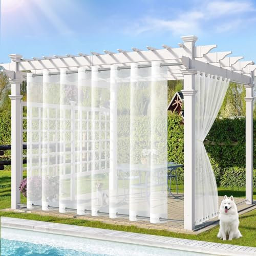 Qelus Outdoor Vorhang Transparent Wetterfest, B254xH213cm Außenvorhang mit Ösen, Outdoorvorhänge Gardinen Wasserdicht Sonnenschutz für Pavillon Terrasse Pergola Balkon Garten