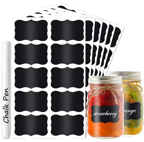 Chalkboard Black Labels for Spice Jars, 180 Pcs Blank Waterproof Reusable Removable Self Adhesive Blackboard Sticker for Pantry Storage Box Kitchen Home Organisation Food Containers, 1 White Chalk Pen