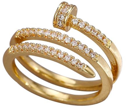 JASXEYO Double Inlaid Zirconia Gold Stainless Steel Nail Ring, Creative Spiral Multi-layer Nail Rings, Personalized Versatile Index Finger Ring (9)