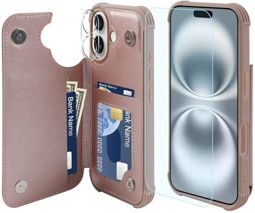 VANAVAGY Compatible for iPhone 16 Wallet Case with Credit Card Holder,Rfid Block Leather Flip Folio Phone Cover Fits Magnetic Car Mount and Stand with Screen Camera Protector,Rose Gold