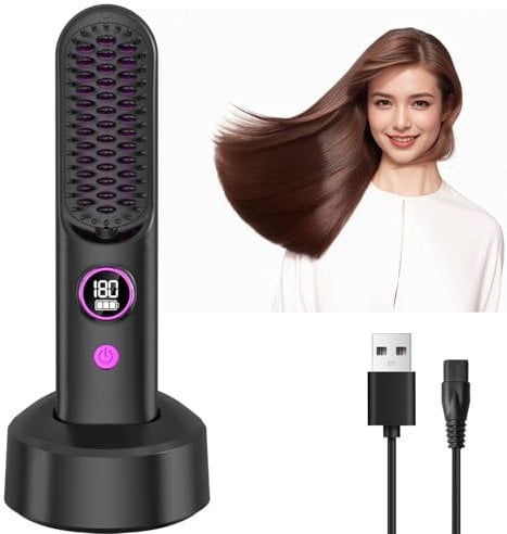 Cepillo Alisador Pelo, Planchas de Pelo Profesional, Portátil Plancha pelo Inalambrica con Estación de Carga, Peine Alisador de Cabello Calentamiento Rápido de 20 s, Temperatura Ajustable de 9 Niveles