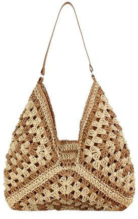 Stroh Strandtasche Damen Schultertasche, Tote Tasche Aus Stroh, Retro Sommer Gewebte Tasche Strand Reise Handtasche, Handgefertigte Boho Casual Stroh Schultertaschen Für Strand Pool Beruf (Braun)