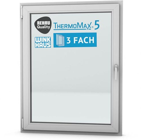 ThermoMax 5 Classic Kunststoff-Fenster, Uw-Wert 1,2, BxH: 105x135cm / 1050x1350mm, DIN links (Griff rechts), mit 3-fach Wärme-Isolier-Verglasung, Winkhaus Sicherheitssystem & Rehau Profil