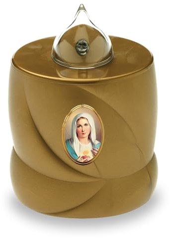 AROBA 2x LED Grabkerze Trauerlicht - Flackereffekt wie echte Kerze - lange Brenndauer bis 200 Tage - wiederverwendbar Friedhofskerze Gedenkkerze Dauerkerze - gold Heilige Maria