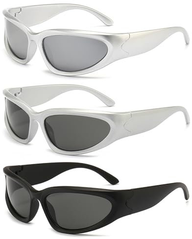 FOSDICK 3 Stück Sonnenbrille Herren Damen, y2k Futuristische Sonnenbrillen, Leichtgewicht Wrap Around UV400 Sunglasses, Polarisierte Sportbrille, Rechteckige Rave Brille, Trendy Retro Fahrrad Brille
