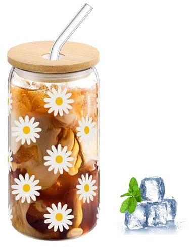 Chingcoo Glas Trinkbecher Mit Deckel Und Strohhalm, 16 Oz Blumenmuster ästhetisches Glass Tumbler, für Kaffee, Cocktails und Mehr Vielseitiges Und Stilvolles Trinkglas