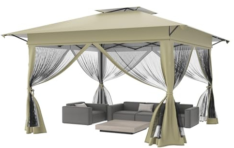 FIVMEN Pavillon 4x4 Pop up Stabil Winterfest Partyzelt Faltpavillon Höhenverstellbar mit Doppeldach und 4 Moskitonetz Seitenteilen Pavillion Gartenpavillon inkl. Tragetasche, Khaki