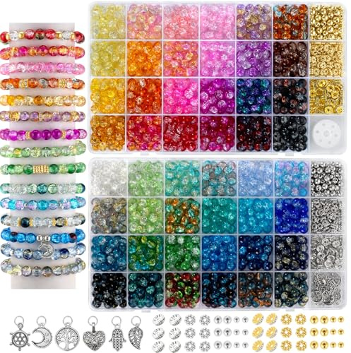 Zefy 48 Farbebn Perlen für Armbänder, 8mm 1556 Stück Glasperlen zum Auffädeln Crackle Perlen Set, Runde Edelsteine Perlen Schmuck Selber Machen, Basteln für Erwachsene Kinder
