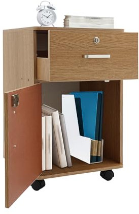 BAOCHADA Doppio cassetto, set comodino, comodino, tavolino sottile, comodino mobile con serratura e 4 ruote per camera da letto/soggiorno (rovere)