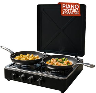 Avilia - Piano Cottura 4 Fuochi Gas Professionale con Griglia Rinforzata in Acciaio per Uso Interno ed Esterno, Facile da Usare, Ideale per Campeggio e Cucina Outdoor