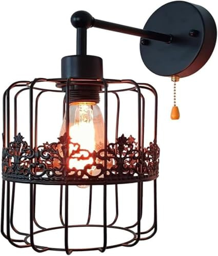 SNHHNSW Steampunk Black Wall Mount Light Retro Industrial Wall Sconce Wire Cage Wall Lamp with Pull Chain Switch Farmhouse Wall Lighting Fixture