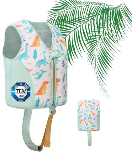 Gilet de Natation Aide à la flottabilité pour Enfants Fille garçon 3 à 6 Ans, UPF 50+, Marque française, Motif Dinosaure étoile de mer Coquille, Fermeture Éclair Sécurisée Ceinture Ajustable