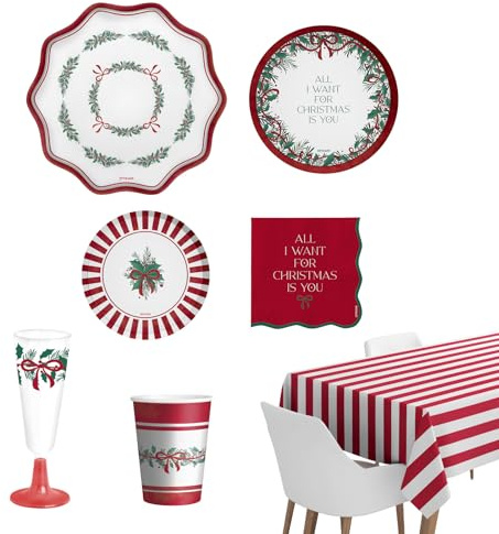 OH YEAH - Vajilla Desechable Navidad 12 Personas All I Want For Christmas - 72 piezas - Platos, Vasos, Servilletas y Mantel - Decoración Mesa Navideña - Diseño Acebo y Lazos Rojos - Celebraciones
