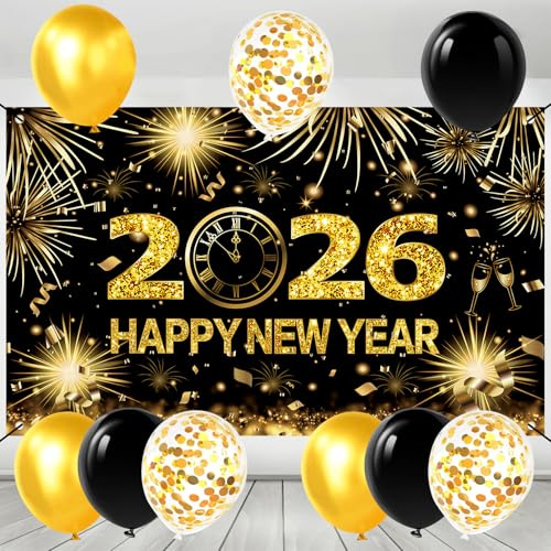 Silvester Deko 2026 Neujahrs Hintergrund Banner,Extra Große Happy New Year Banner,Neujahrs Banners,Frohes Neues Jahr Banners,mit Schwarz Gold Luftballons,für Silvester Thema Party Indoor und Outdoor