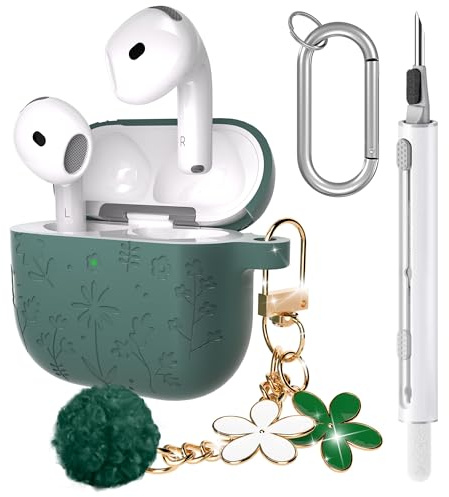 Seltureone Hülle für AirPods 4 mit Reinigungsset | Weiche Silikon-Schutzhülle Stoßfest mit Blumengravur & Kirschblüten-Schlüsselanhänger Case Cover für AirPods 4 – Kieferngrün