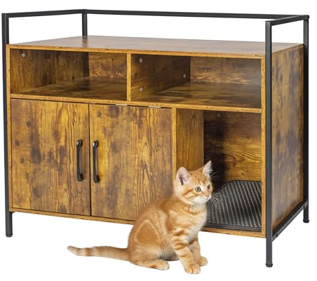 Relaxdays Katzenschrank für Katzentoilette, mit Katzenklomatte, Stauraum, HBT: 74x90x45 cm, Katzenhaus, braun/schwarz