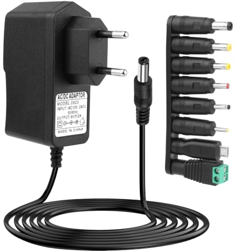 9V 2A Netzteil AC Adapter mit 8 DC Steckern 5.5x2.1mm Ladegerät für 500mA bis 2000mA Wechselrichter Netzteil für Router LED Streifen CCTV WLAN Hub FritzBox Geräte Netzteiladapter Konverter Universal