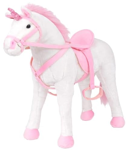GeenYuu Plüschtier Einhorn Stehend Weiß und Rosa XXL Kuscheltier mit Tonfunktion und Sattel für Kinder ab 3 Jahren, 71 x 62 cm Plüschfigur Belastbar bis 100 kg