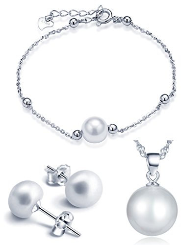 Yumilok Damen Halskette Ohrstecker Armkette mit Perlen Anhänger Schmuck Set Kette Ohrringe Set 925 Sterling Silber für Damen Mädchen
