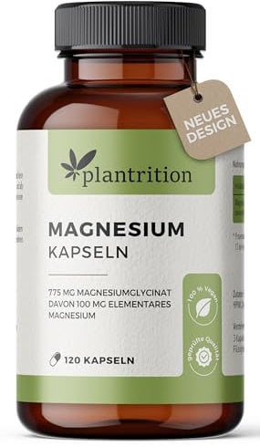 plantrition Magnesium Kapseln 775 mg davon 100 mg elementares Magnesiumglycinat pro Kapsel - Magnesium-Bisglycinat hochdosiert - 120 Vegane Kapseln