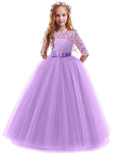 FYMNSI Robe Enfant Fille Ceremonie Anniversaire de Princesse d'honneur Mariage Bowknot Manches 3/4 Longue en Dentelle Robe Tutu Tulle de Soirée Bal Partie Formelle Carnaval Violet 11-12 Ans