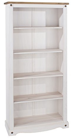 Home Source Solid Pine Wood Large Bookcase, 5 Tier Shelves, Living Room Storage, White