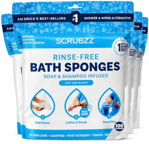 Scrubzz Einweg-Waschtücher ohne Abspülen – Kein Abspülen nötig – Mit Wasser aktivieren – Mit integrierter Seife & Shampoo – Körperreinigung ohne Dusche – 4er Pack (100 Stück)