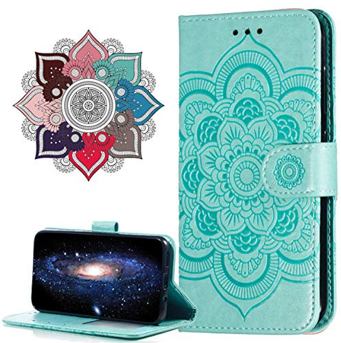 MRSTER Flip Case for iPhone 11 PU Leather Wallet Closure Embossed Shockproof Cover with Kickstand Card Slots Holder for Apple iPhone 11 6.1. LD Mandala Green