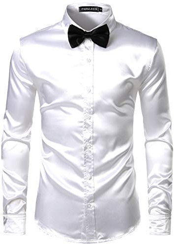 PARKLEES Men's Luxury Shiny Silk Like Satin Long Sleeve Dress Shirts for Party Disco Prom PZLCL14 White M