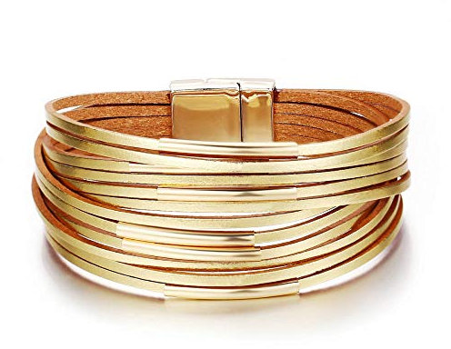 XUEQI Damen Lederarmbänder,Boho Lederarmband Handgefertigt Geflochtene Mehrschichtige Goldene Manschette Armreif Männer Frauen Mode Schmuck Polierte Schließe Für Paar Geburtstagsgeschenk