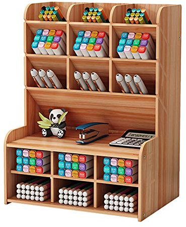 Boîte de Rangement en Bois Organiseur de Bureau Grande Capacité Boîte de Rangement Multifonctionnelle de Support de Stylo pour Maison Bureau Ecole (Cerisier)