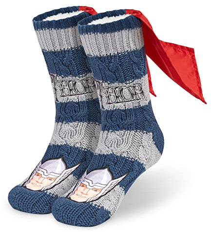Marvel Mens Slipper Socks, Bed Socks with Sherpa Lining Non Slip - Mens Gifts (Blue/Grey)
