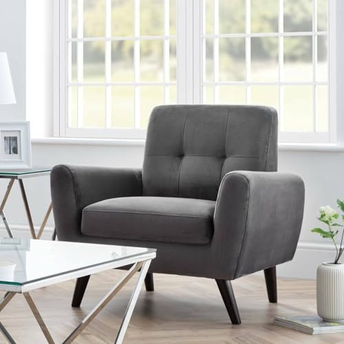 Julian Bowen Monza Armchair, Retro, Velvet, Dark Grey - H83 x W85 x D81cm | Scandi Armchair for Living Room, Soft Velvet, Deep Supportive Seat, Solid Wood and Steel Frame
