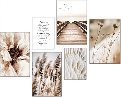 artpin® Moderne Poster Set - Bilder Wohnzimmer Deko Schlafzimmer - Pampas Wild Gras Meer Beige Bilderwand ohne Rahmen (4x A3 | 2x A4) W16