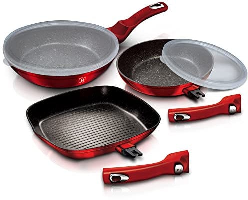 5Pc Non Stick Aluminum Frying Pan Set with Grill Induction Detachable Handles (Burgundy)