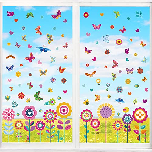 PAIVSUN Fensterbilder Frühling Selbstklebend, Klebefolie Anti-Kollision Fenster deko Aufkleber, Schmetterlinge Deko Fensterfolie, Fenstersticker Blumen Fensterdeko für Kinderzimmer Party Zubehör
