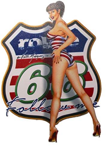sticker pin up brune en maillot de bain et blason route 66 drapeau USA 15x10.5 cm autocollant sexy