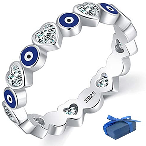 WICKYPRINCE Always Protected Heart & Evil Eye Ring Band, 925 Sterling Silver Evil Eye Rings for Women, Minimalist Blue Evil Eyes Ring Lucky Jewelry Gifts (7)