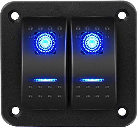 RUNCCI-YUN 2 Gang 12V pannello interruttore, Pannello interruttore a bilanciere 5 Pin On Off Toggle interruttori luce blu pannello impermeabile per 12V/24V Marine Boat RV Truck Car ATV