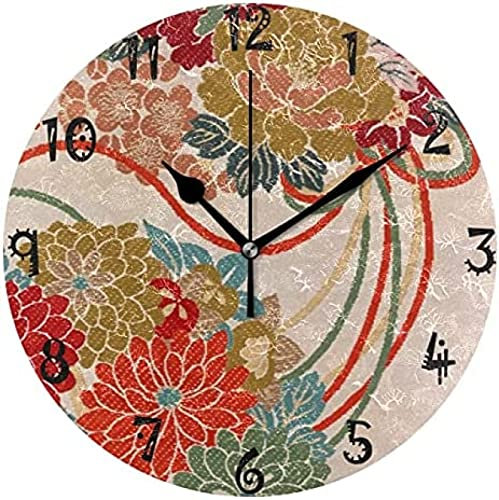 Art Tissu Broderie Motif de Style Japonais Circulaire Horloge Murale Assiette Ronde Silencieux Non Ticking Horloge pour Cuisine Chambre à Domicile Bureau SCH