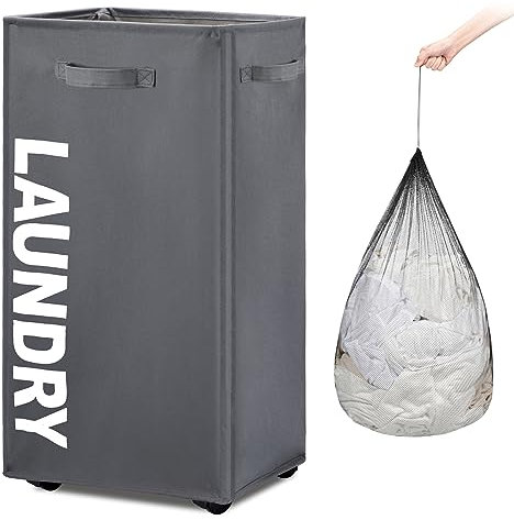 TOTANKI Großer Wäschekorb mit 4 Rollen und Beidseitigen Griffen, Faltbarer Wäschekorb, Zusammenklappbarer Wäschesortierer und -Organisator, Hoher Aufbewahrungskorb (Grau, XL)