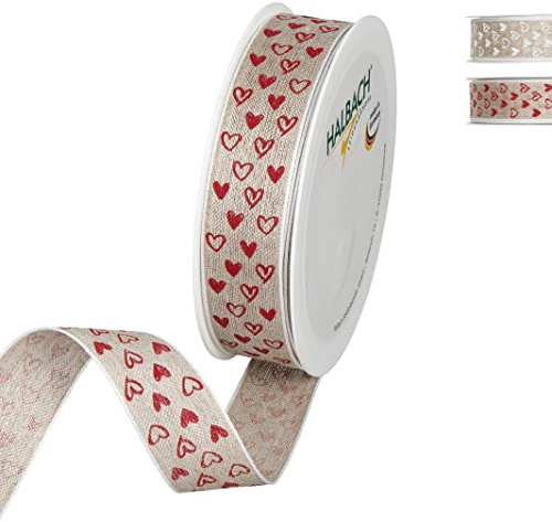 Halbach Leinenband Herzen mit Drahtkante, 25 mm x 15 m, natur/rot | Bedrucktes Geschenkband, Made in Germany, Wetterfest und Farbecht für Muttertag, Konfirmation und Kommunion