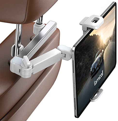 Lamicall Car Headrest Tablet Mount - [Stretchable Arm] 2025 Adjustable Car Tablet Holder, 360° Rotating Backseat Mount for Kids, for 2024 iPad Pro 11, Air 6, Mini, Tab, Phones, 4.7-11” Device - White
