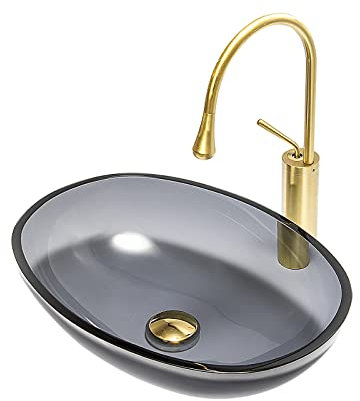 Boyuan Waschbecken im Badezimmer, Waschbecken aus gehärtetem Glas mit goldenem Wasserhahn und Pop-Up-Ablauf, buntes, klares Waschbecken, Aufsatzwaschbecken mit Zubehör, 49 x 36,5 x 13 cm