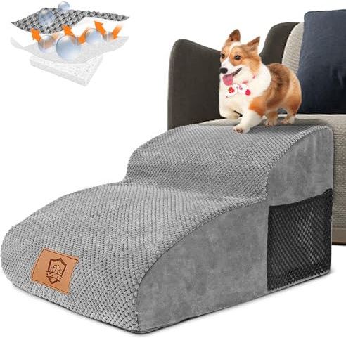 HEVOL Hundetreppe für Kleine Hunde, Wasserdicht 2 Stufen Haustiertreppe aus Hochdichtem Schwamm, Abnehmbar Hunderampe mit Waschbar Bezug für Sofa Bett - Senden 1 Fusselrolle