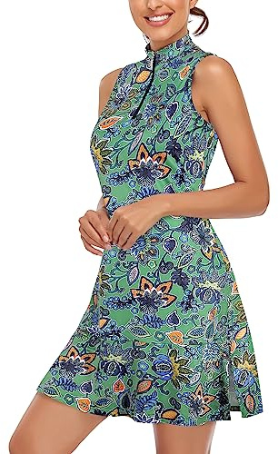 Cucuchy Golf-Tenniskleid für Damen, ärmellos, athletisch, Sport, Workout, blumen grün, Klein